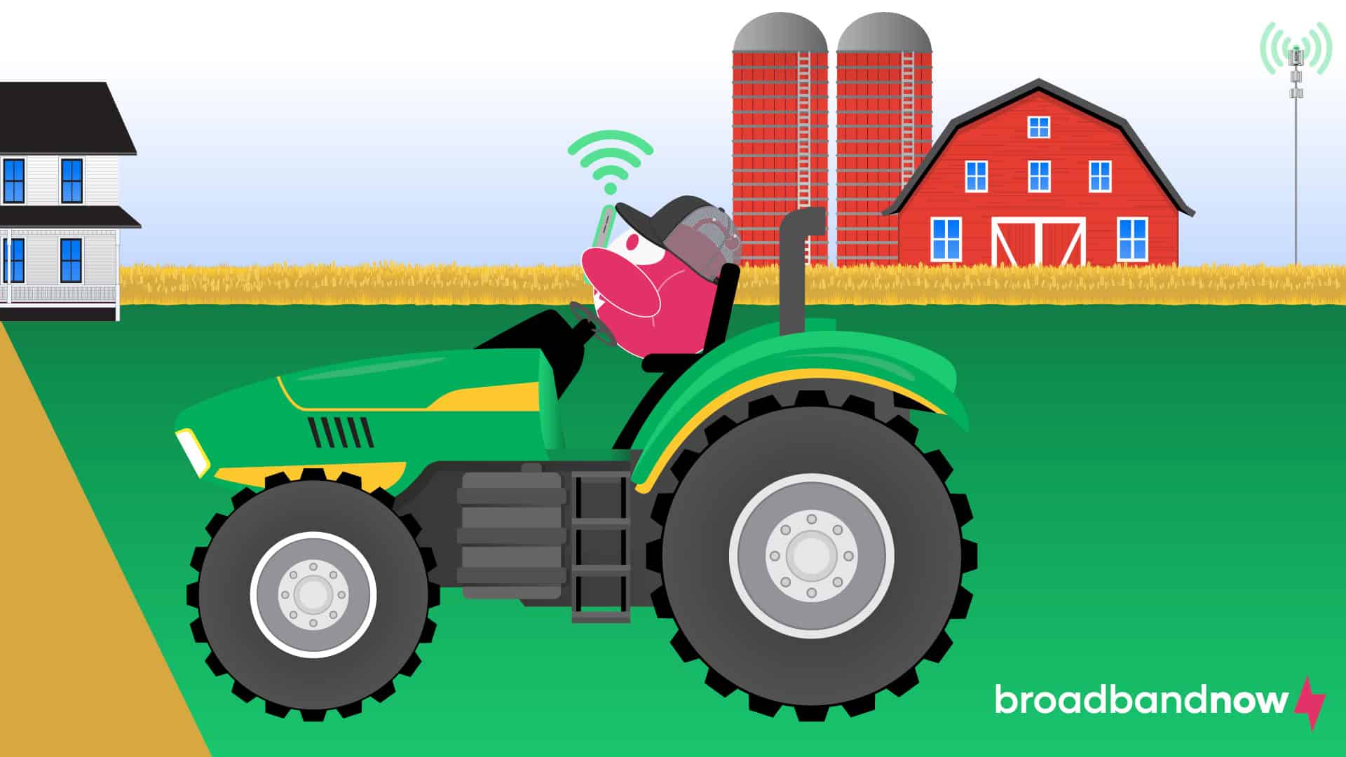 A graphic design image of a character mascot on a tractor connecting to Wi-Fi on his cell phone.