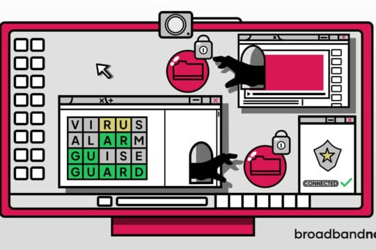 A graphic design image of a computer screen with pop-up windows and hands reaching for locked icons.